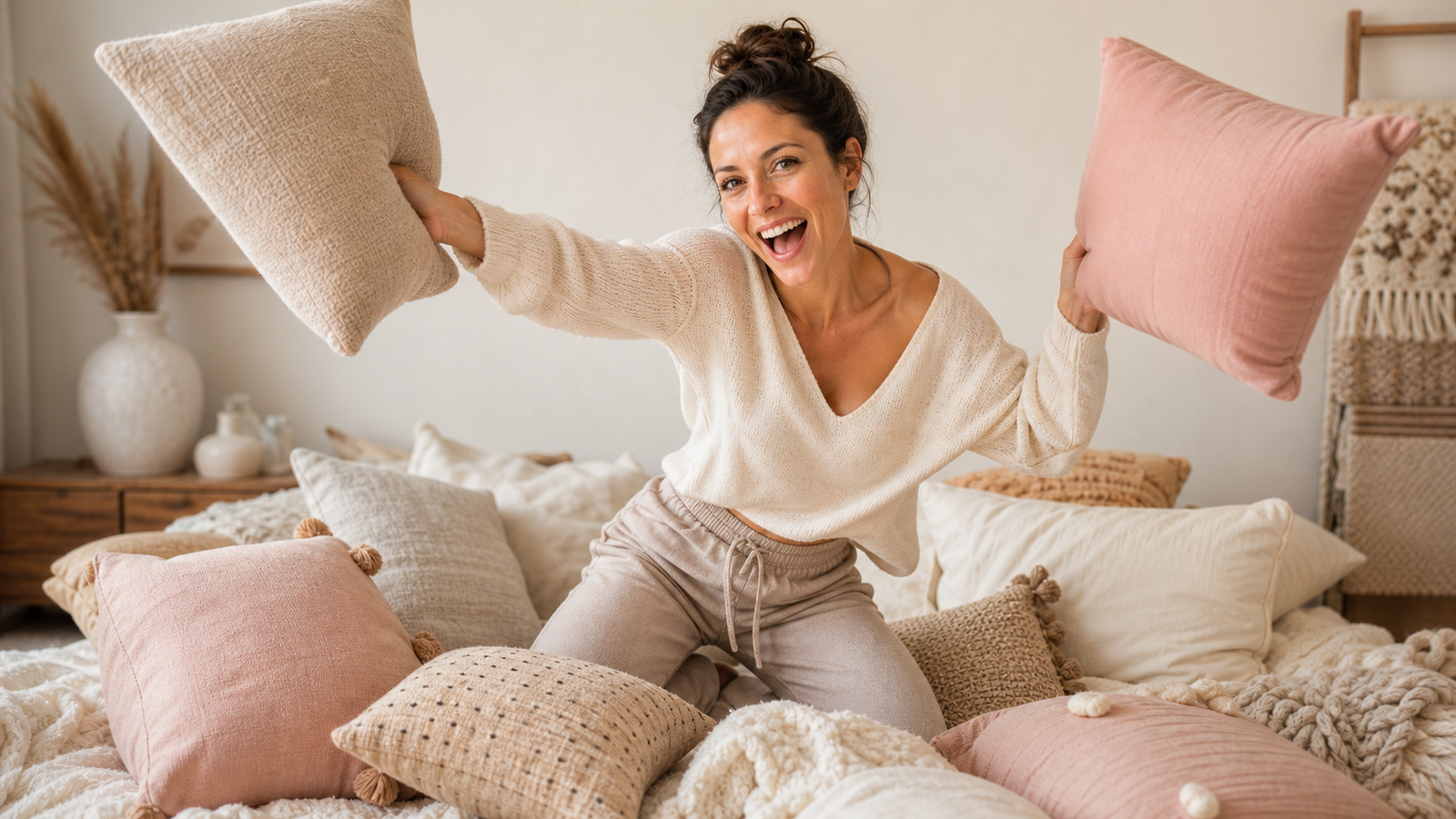 Karina testing cozy throw pillows and blankets at home