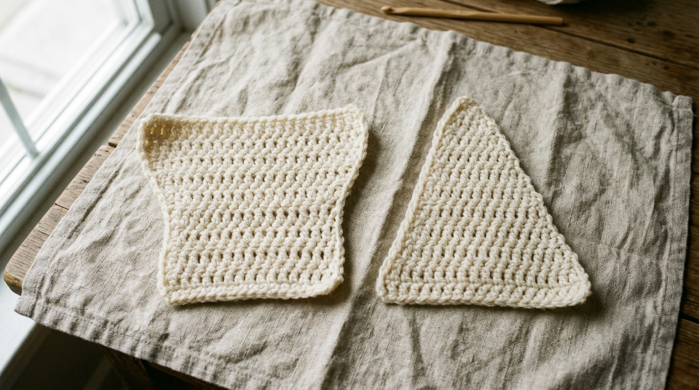 two crochet swatches side by side, one flaring wider and one narrowing, showing what an uncounted turning chain does to the edges