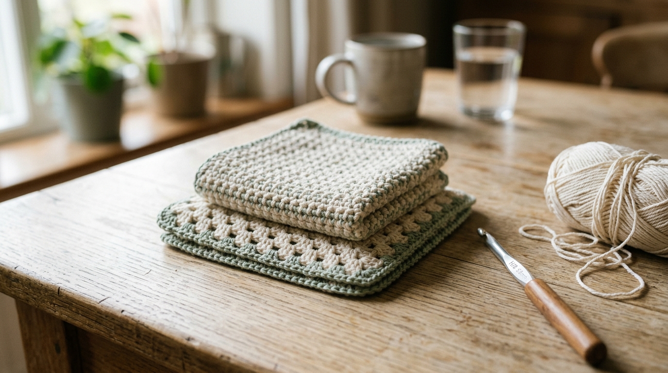 a stack of finished cream and sage crochet cotton dishcloths on a wooden table with a hook and yarn ball