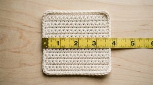 a cream cotton crochet swatch under a tape measure showing thirteen single crochet stitches across four inches