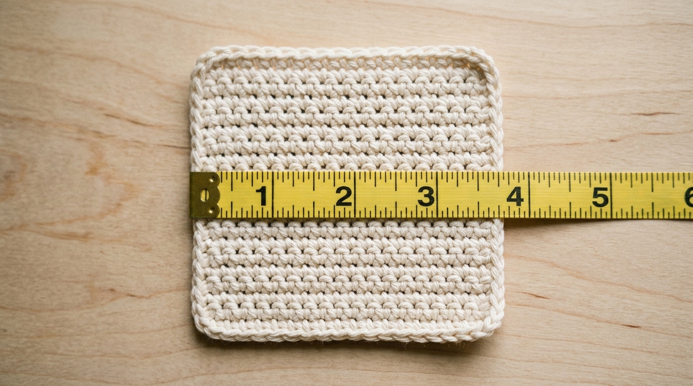 a cream cotton crochet swatch under a tape measure showing thirteen single crochet stitches across four inches