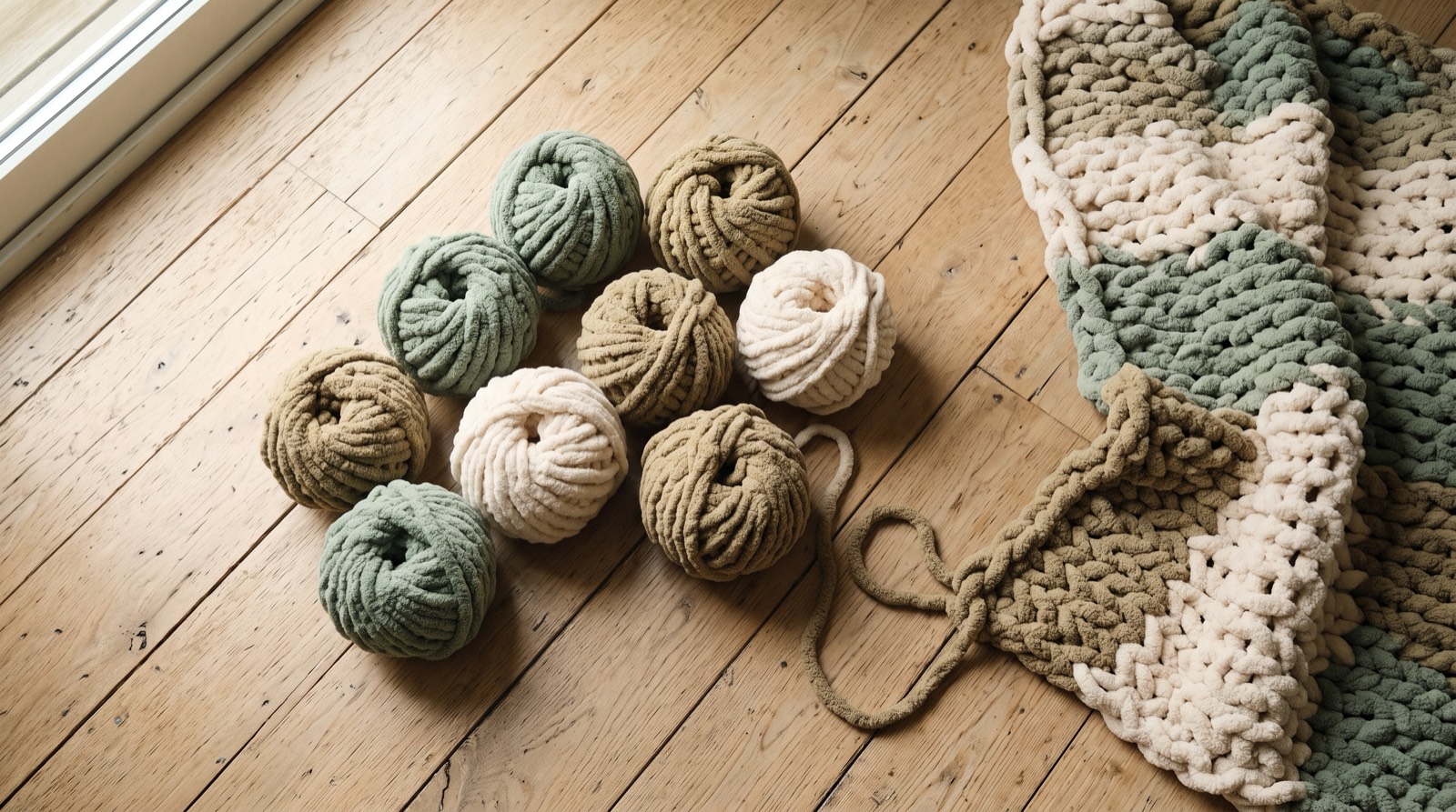 chunky chenille yarn skeins beside a partly finished crochet blanket