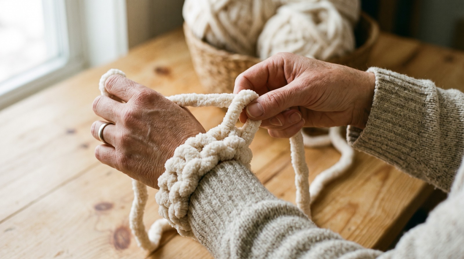 hands casting the first loops of number 10 jumbo chenille yarn onto the arm, no needles