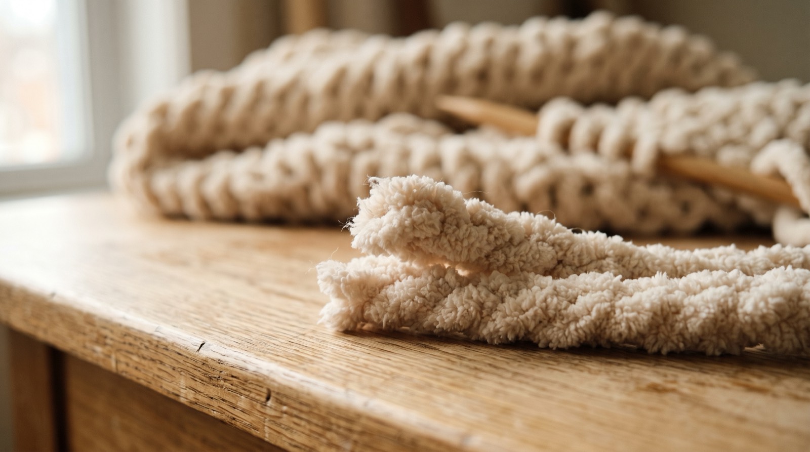two chenille yarn ends overlapped to join a new skein without a knot