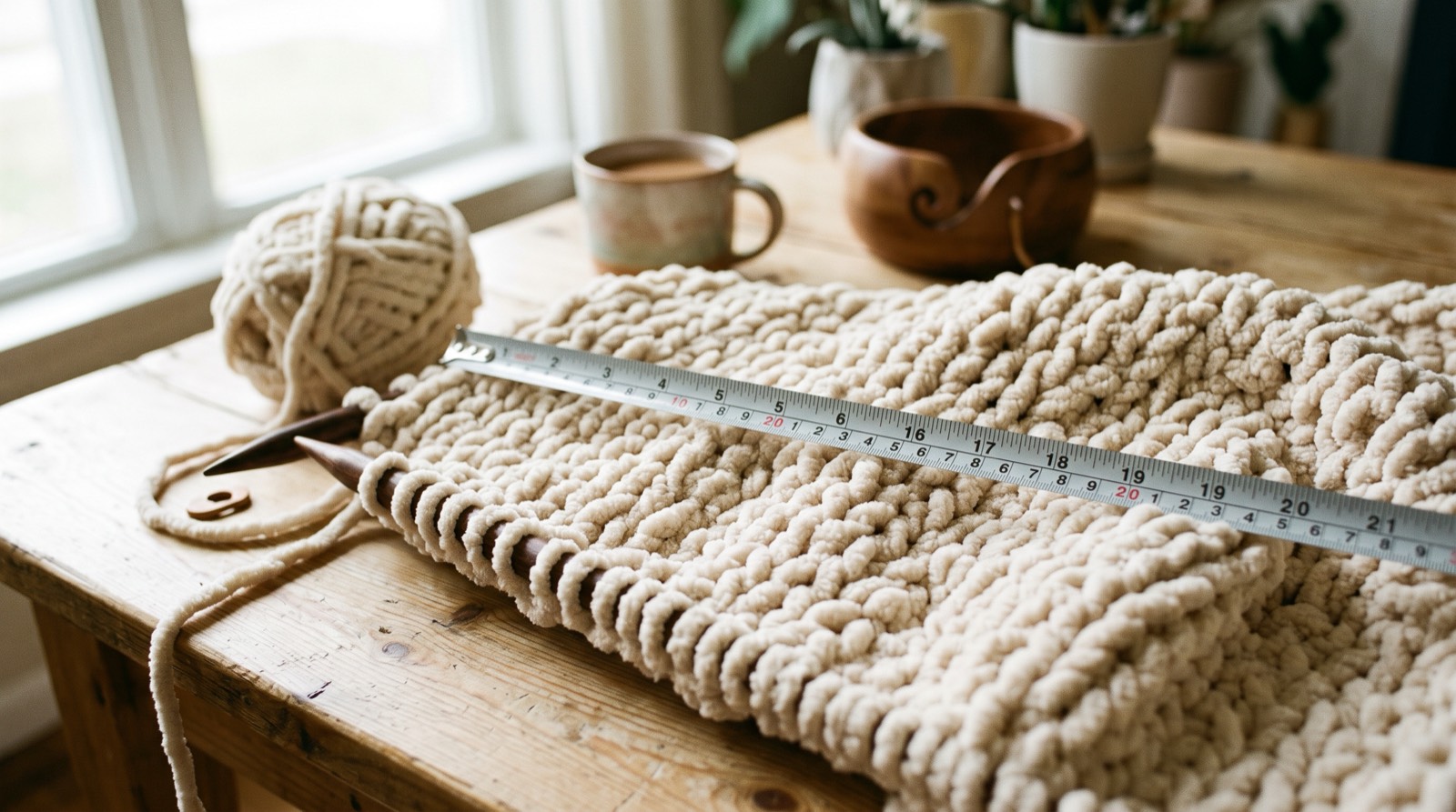 tape measure laid across the width of a partly finished chunky chenille blanket mid-row