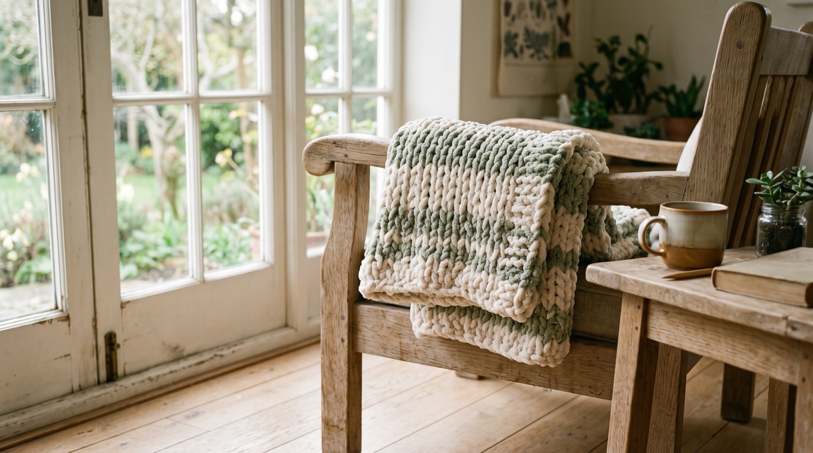 finished cream chunky chenille blanket folded over the arm of a wooden chair by a window