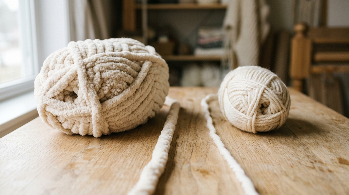 two skeins side by side one jumbo chenille and one super bulky acrylic showing the strand thickness difference
