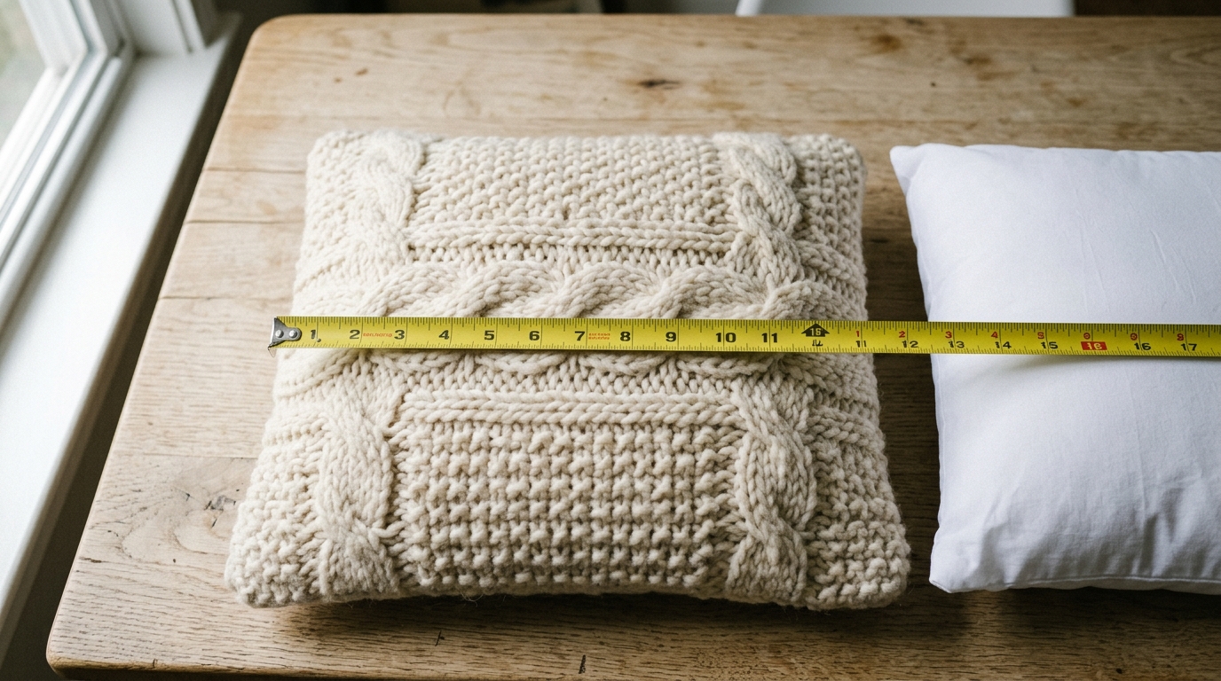 a tape measure laid across a knitted chunky pillow cover showing the width against an eighteen inch pillow form