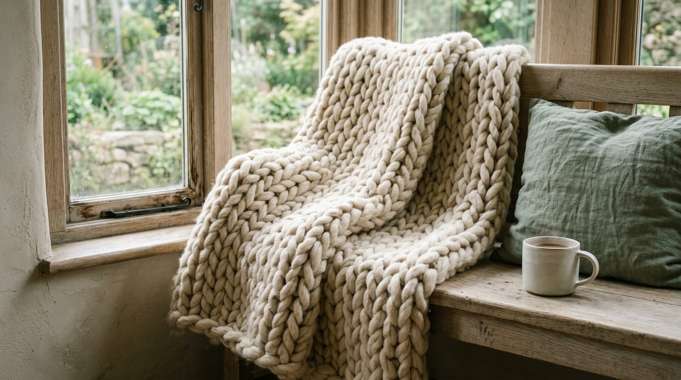 hand knitted cream jumbo yarn blanket draped over a wooden bench by a window