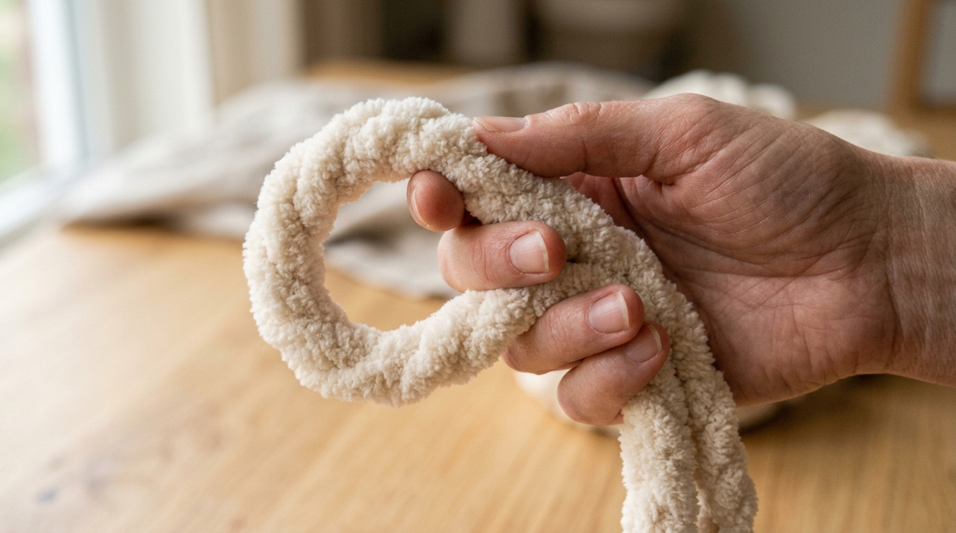 a hand holding a single loop of cream jumbo yarn showing the strand thickness against the fingers