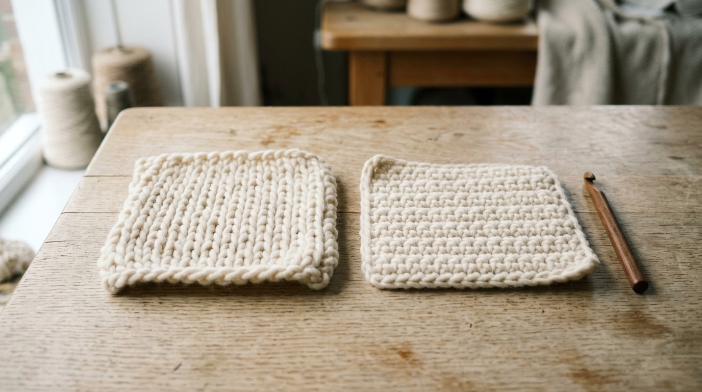 two swatches of cream jumbo yarn side by side one worked by hand and one worked with a hook showing the density difference