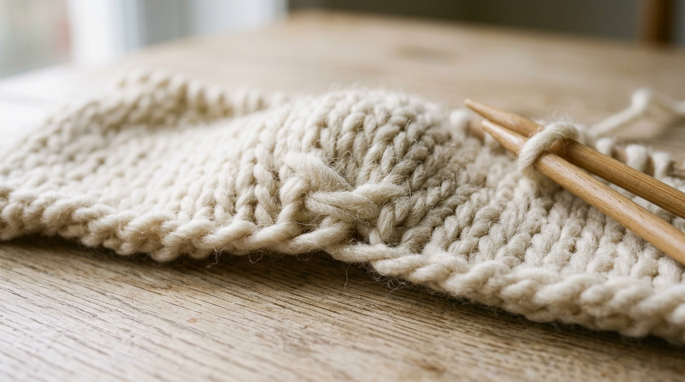 close up of two strand ends of cream jumbo yarn overlapped and worked together as a single stitch